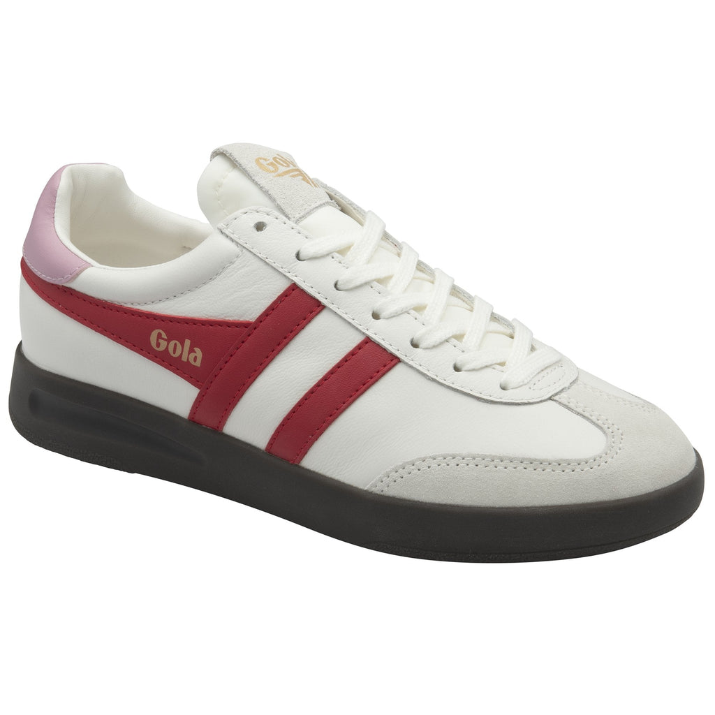 Angled view of a white Gola sneaker with red stripes, pink heel, and dark sole. 