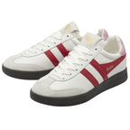 Pair of white Gola sneakers with red stripes, pink heels, and dark soles. 