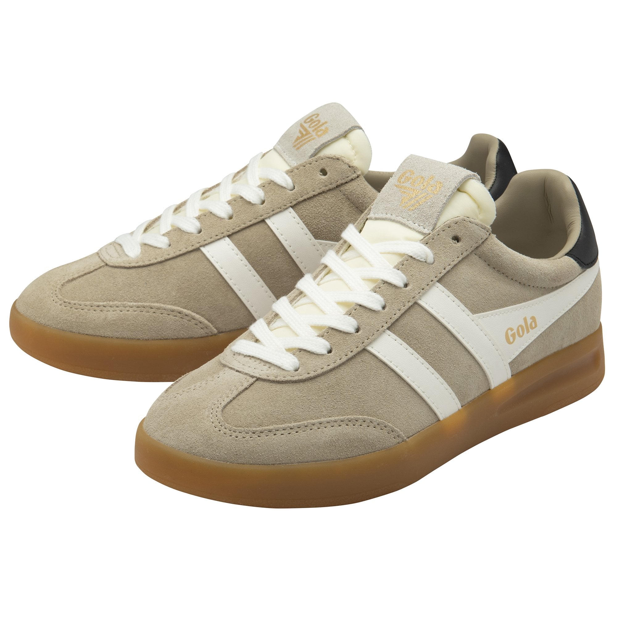 Pair of Gola men's shoes in beige with white stripes and black heel tabs, angled.