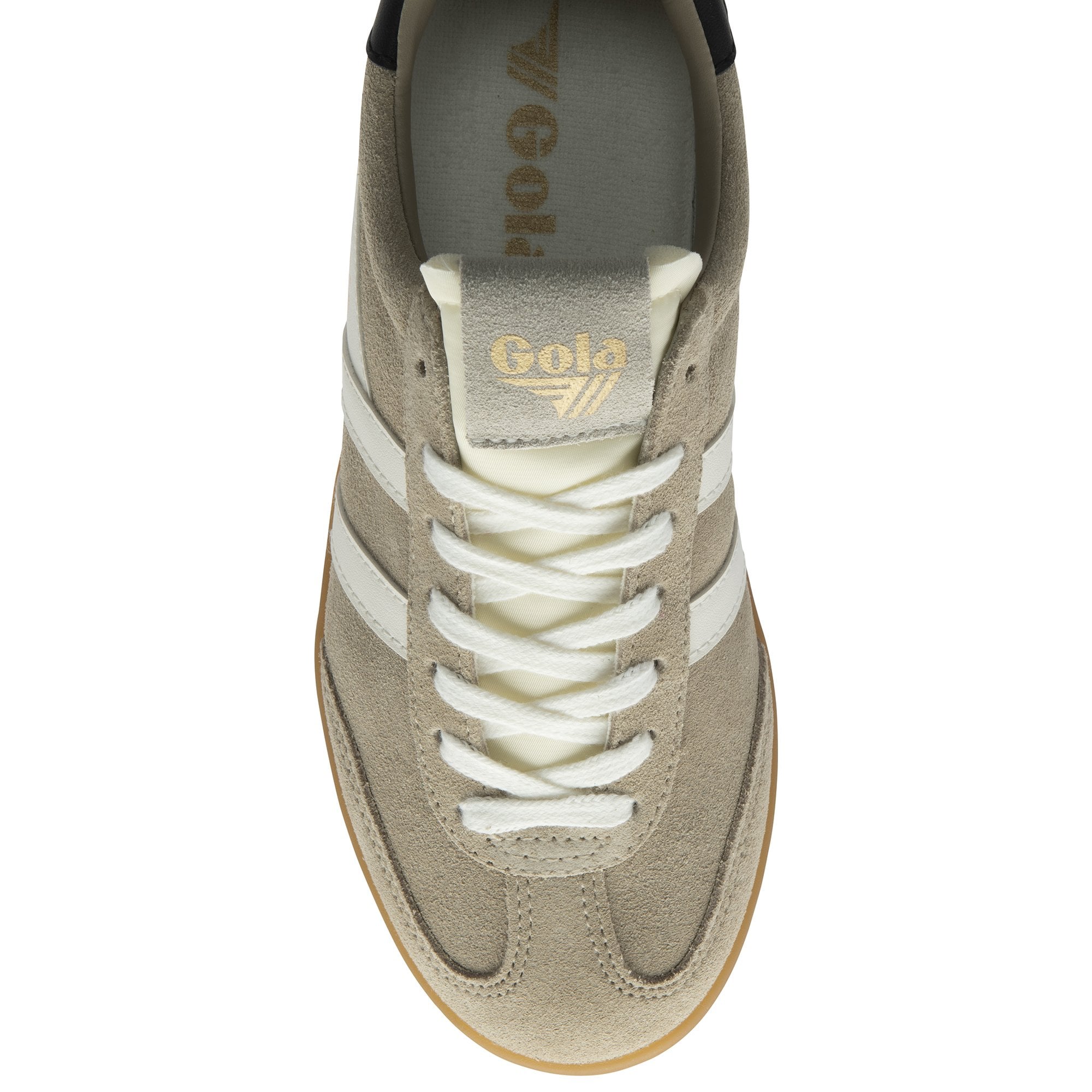 Top-down view of a single Gola men's shoe in beige with white stripes and white laces.