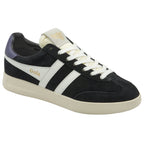 Angled view of a black Gola trainer with white stripes and a beige sole.