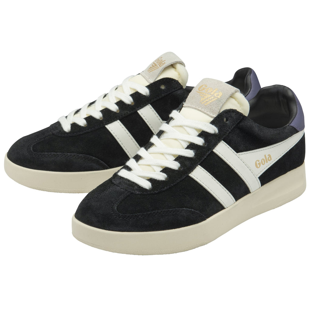 Pair of black Gola trainers with white stripes and beige soles.