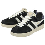 Pair of black Gola trainers with white stripes and beige soles.