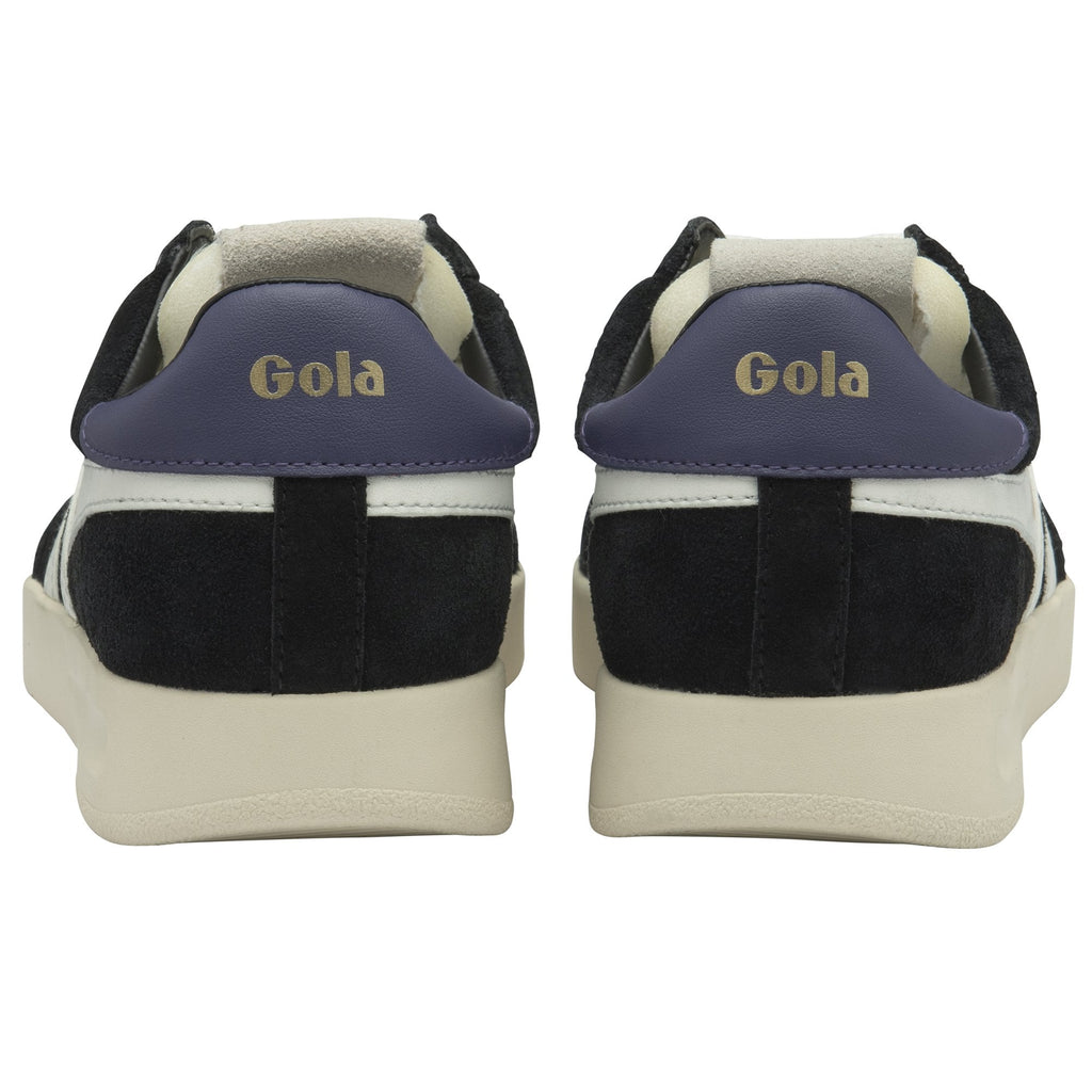 Rear view of two black Gola trainers showing the purple heel and branding.