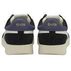 Rear view of two black Gola trainers showing the purple heel and branding.