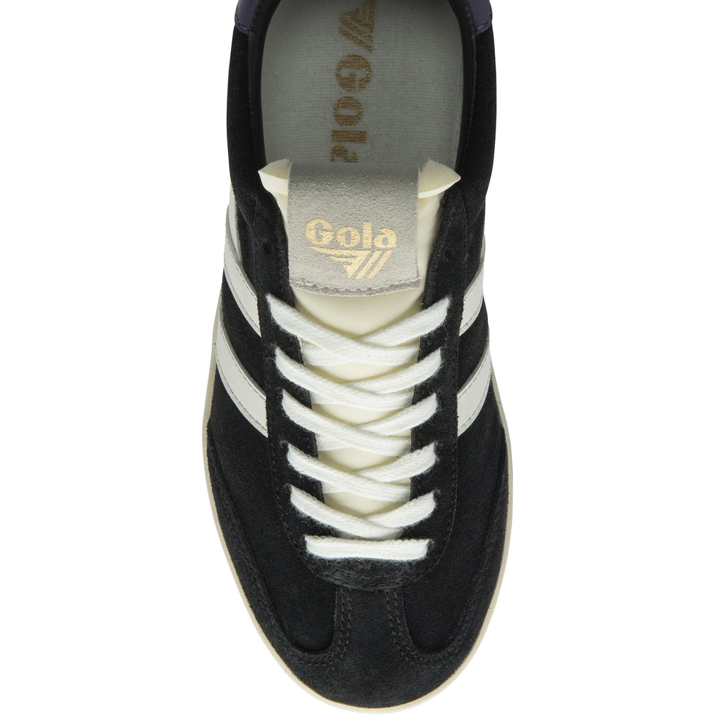 Top-down view of a black Gola trainer with white stripes and cream laces.
