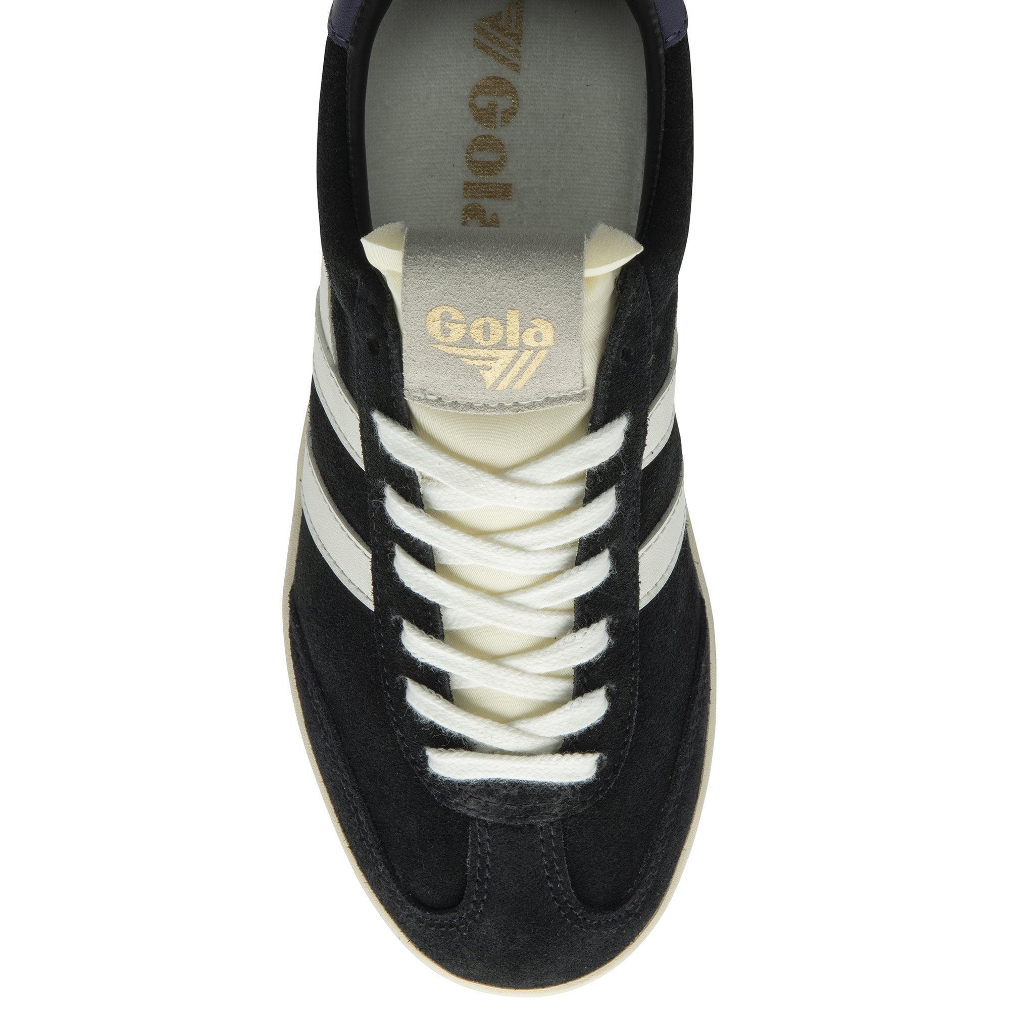 Top-down view of a black Gola trainer with white stripes and cream laces.