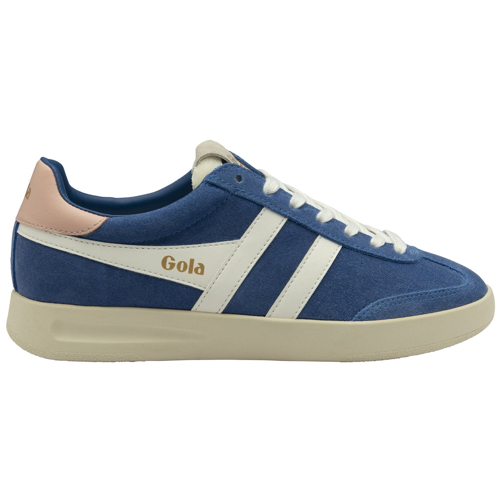 Side profile of a Gola men's sneaker in blue with white stripes and a pink heel tab.