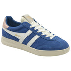 Front side profile of a Gola men's sneaker in blue with white stripes and a pink heel tab.