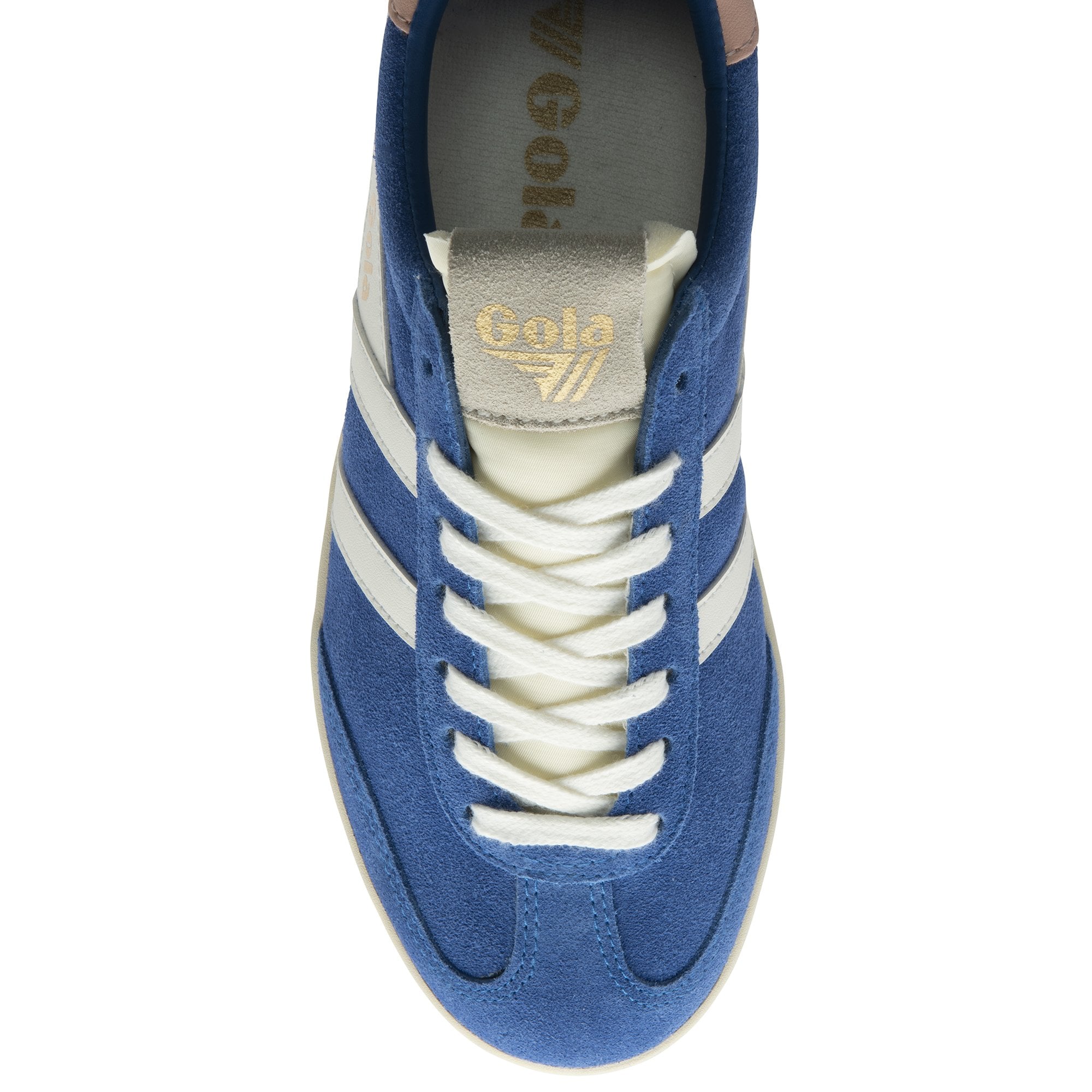 Top down view of a Gola men's sneaker in blue with white stripes and cream laces.