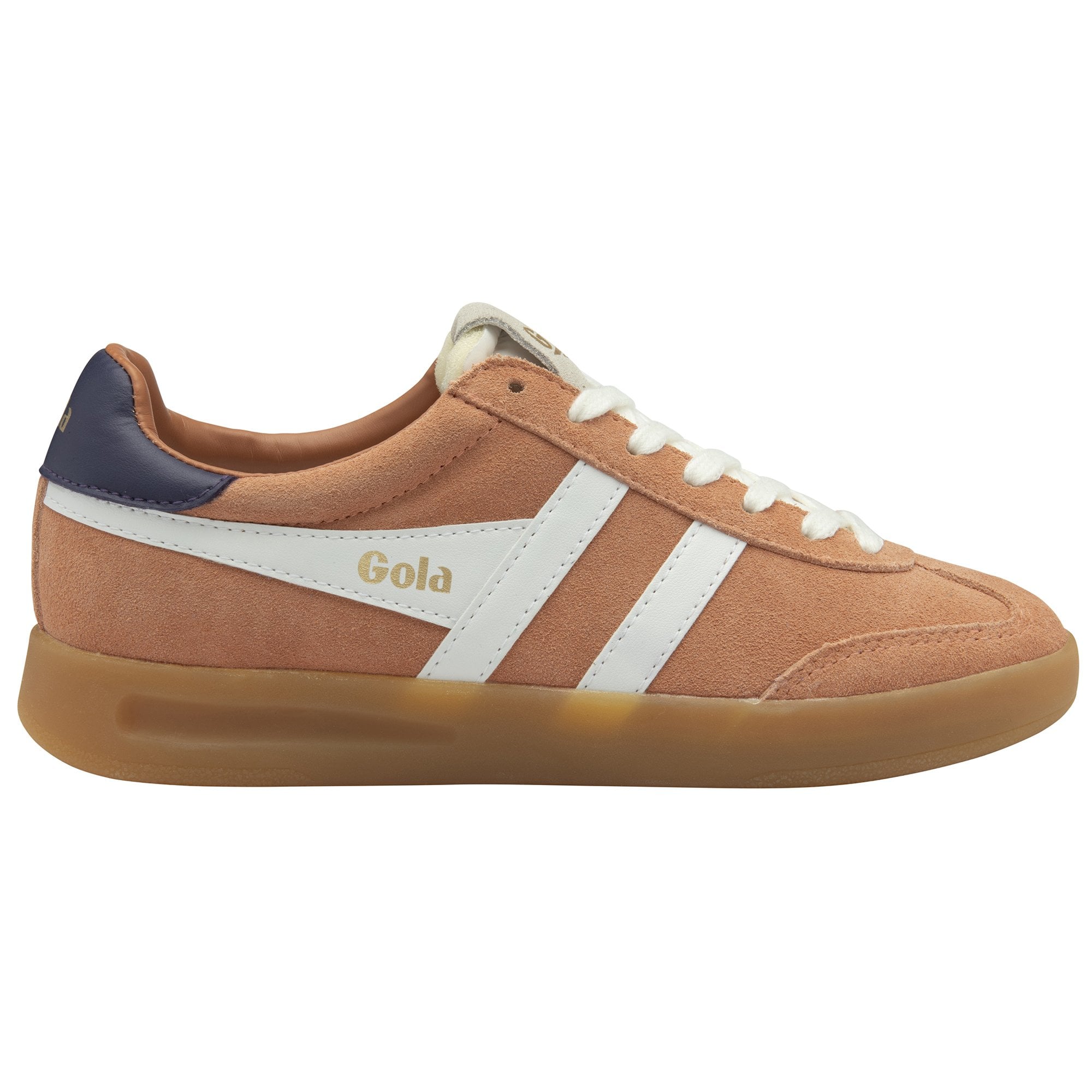 Side profile of a Gola men's sneaker with a tan upper and white stripes.