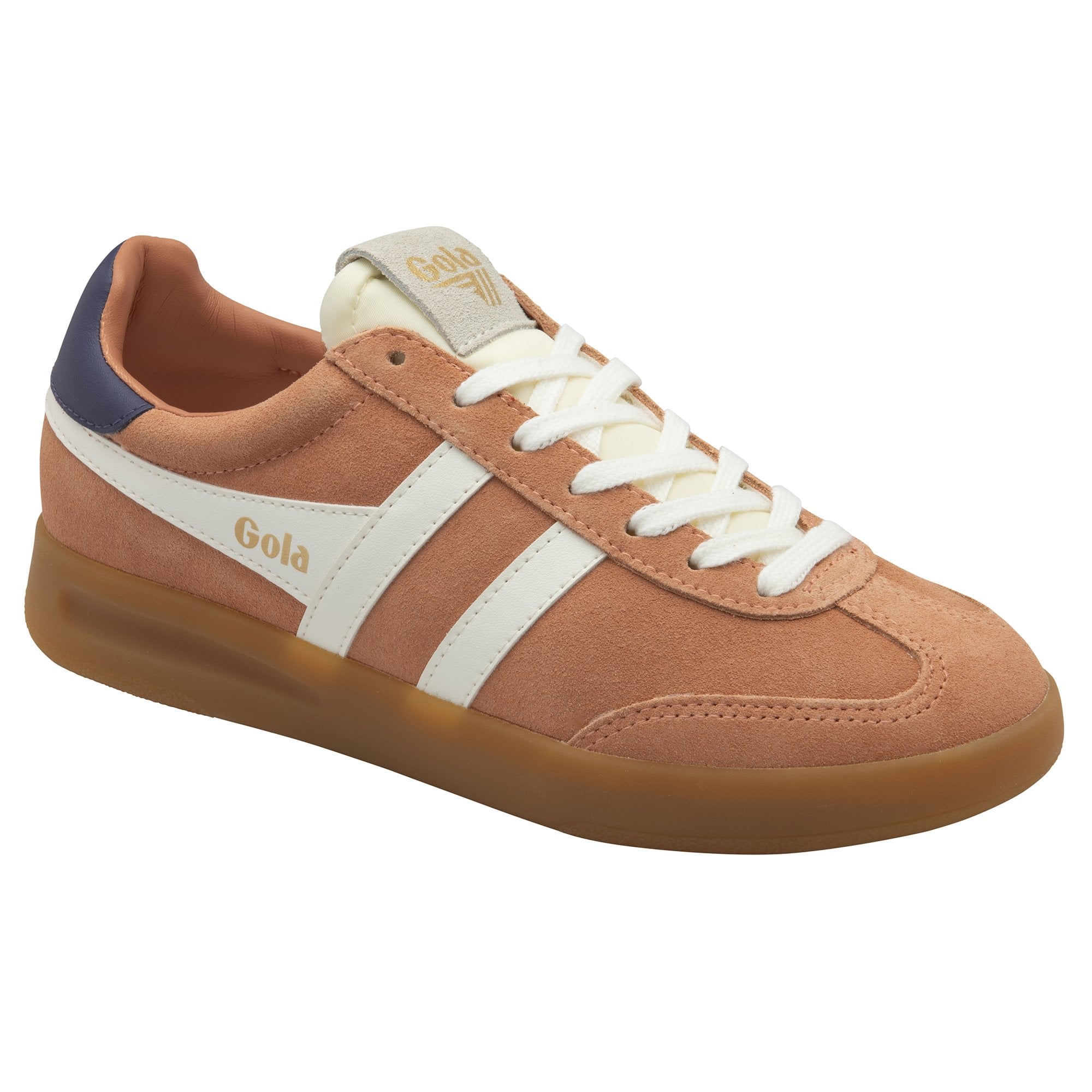 Angled side profile of a Gola men's sneaker with a tan upper and white stripes.