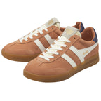 Pair of Gola men's sneakers with tan uppers and white stripes, seen from an angle.
