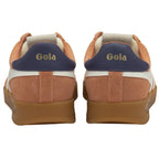 Rear view of a pair of Gola men's sneakers with tan uppers and navy heels.