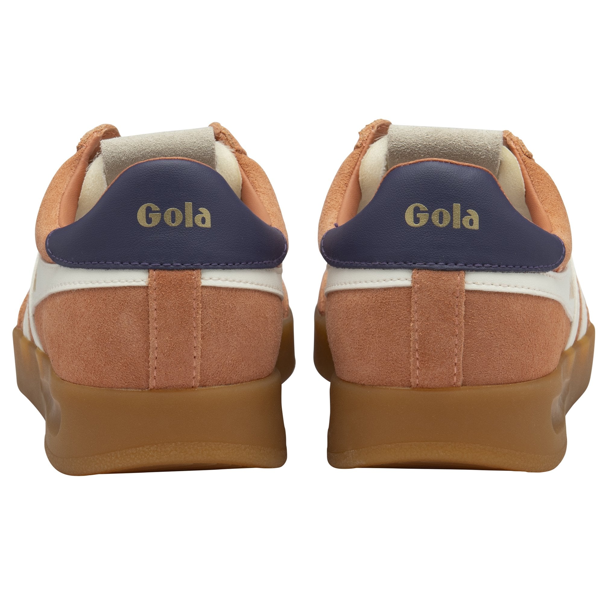 Rear view of a pair of Gola men's sneakers with tan uppers and navy heels.