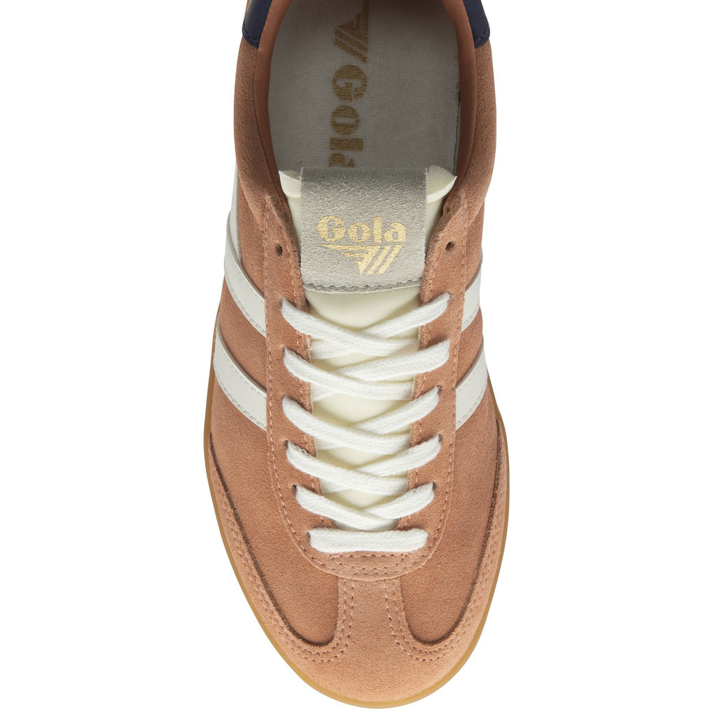 Top-down view of a Gola men's sneaker with a tan upper, white stripes, and white laces.