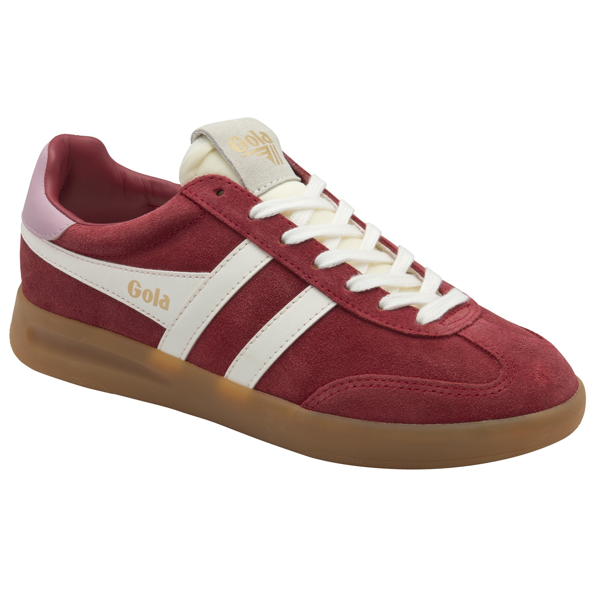Angled side view of a red Gola sneaker with white stripes and a gum sole.