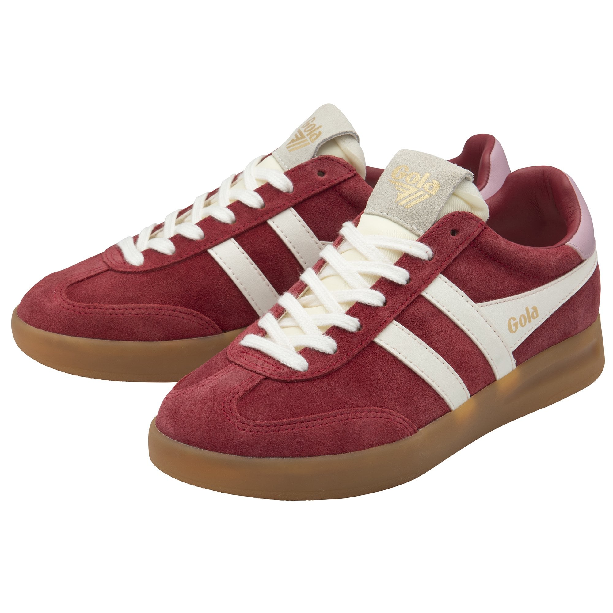 Pair of red Gola sneakers with white stripes and gum soles, angled for display.
