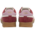 Back view of a pair of red Gola sneakers with white accents and gum soles.