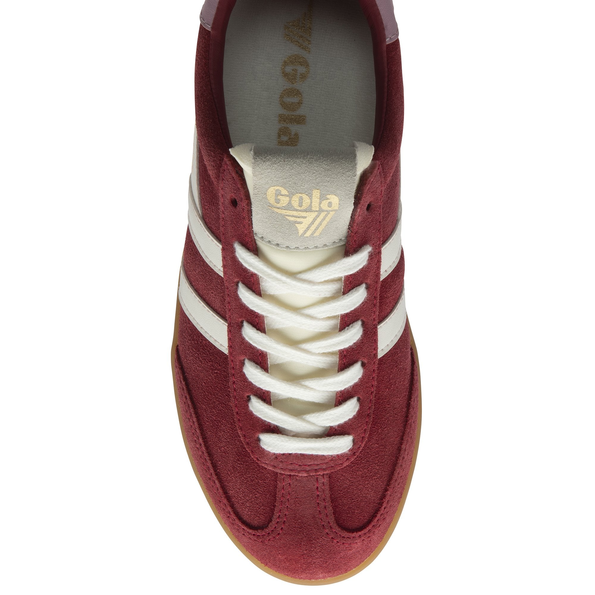 Top down view of a red Gola sneaker with white laces and stripes.