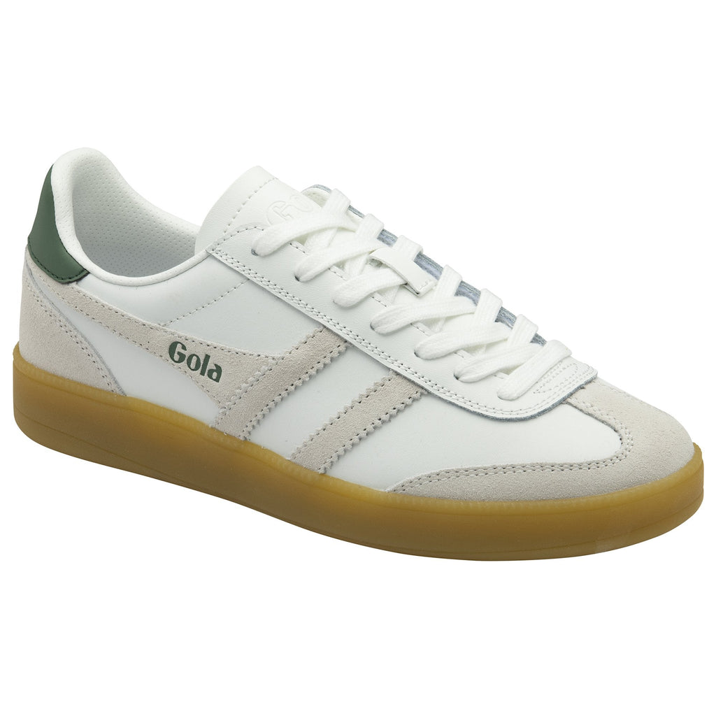 A single white Gola sneaker with green trim and a gum sole, angled slightly.