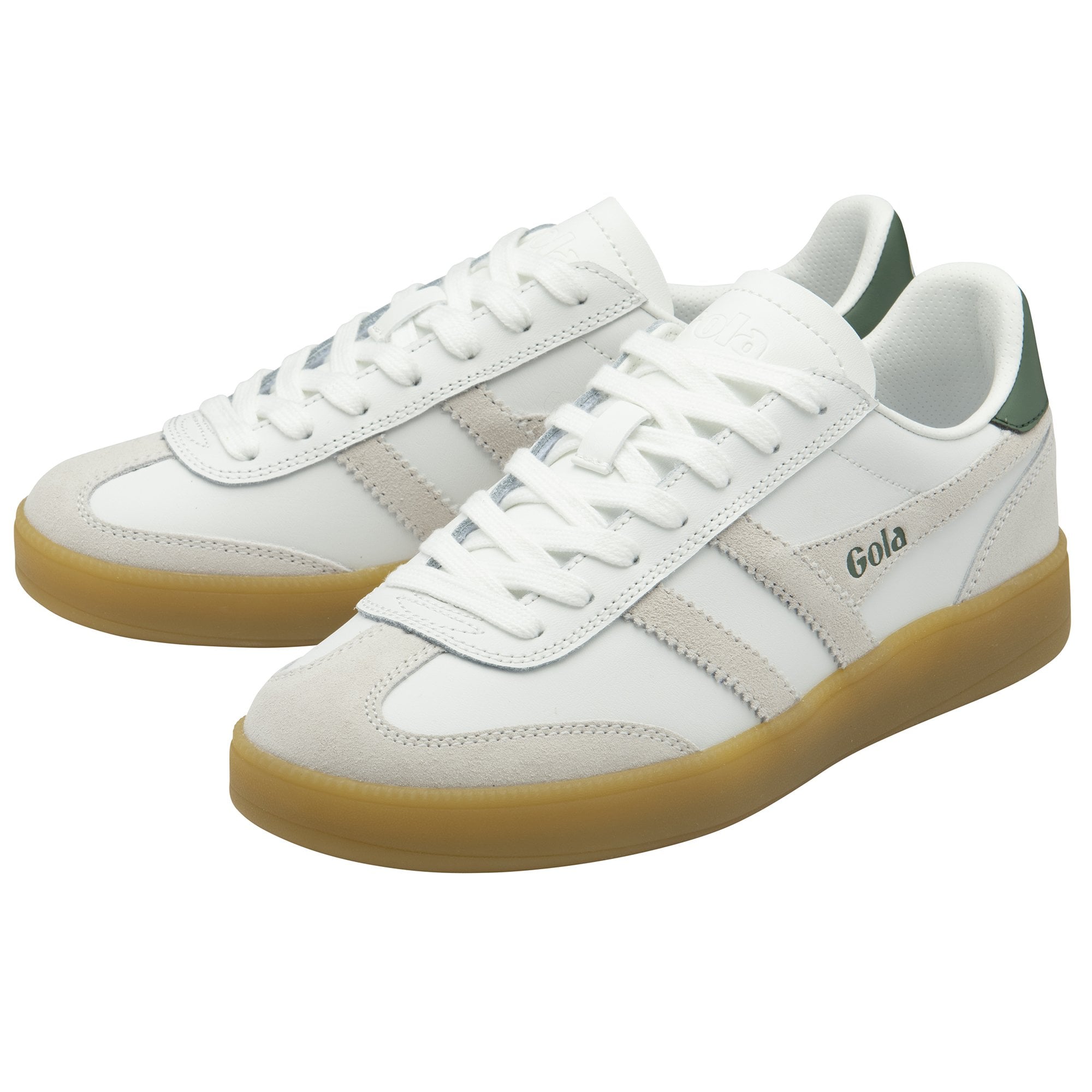 A pair of white Gola sneakers with green trim and gum soles, angled on a white surface.