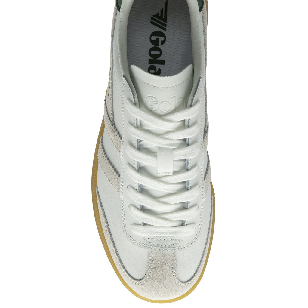 Top-down view of a white Gola sneaker with a gum sole and green inner lining.