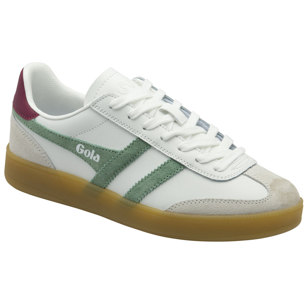 Single white and green Gola sneaker with a gum sole, angled slightly.