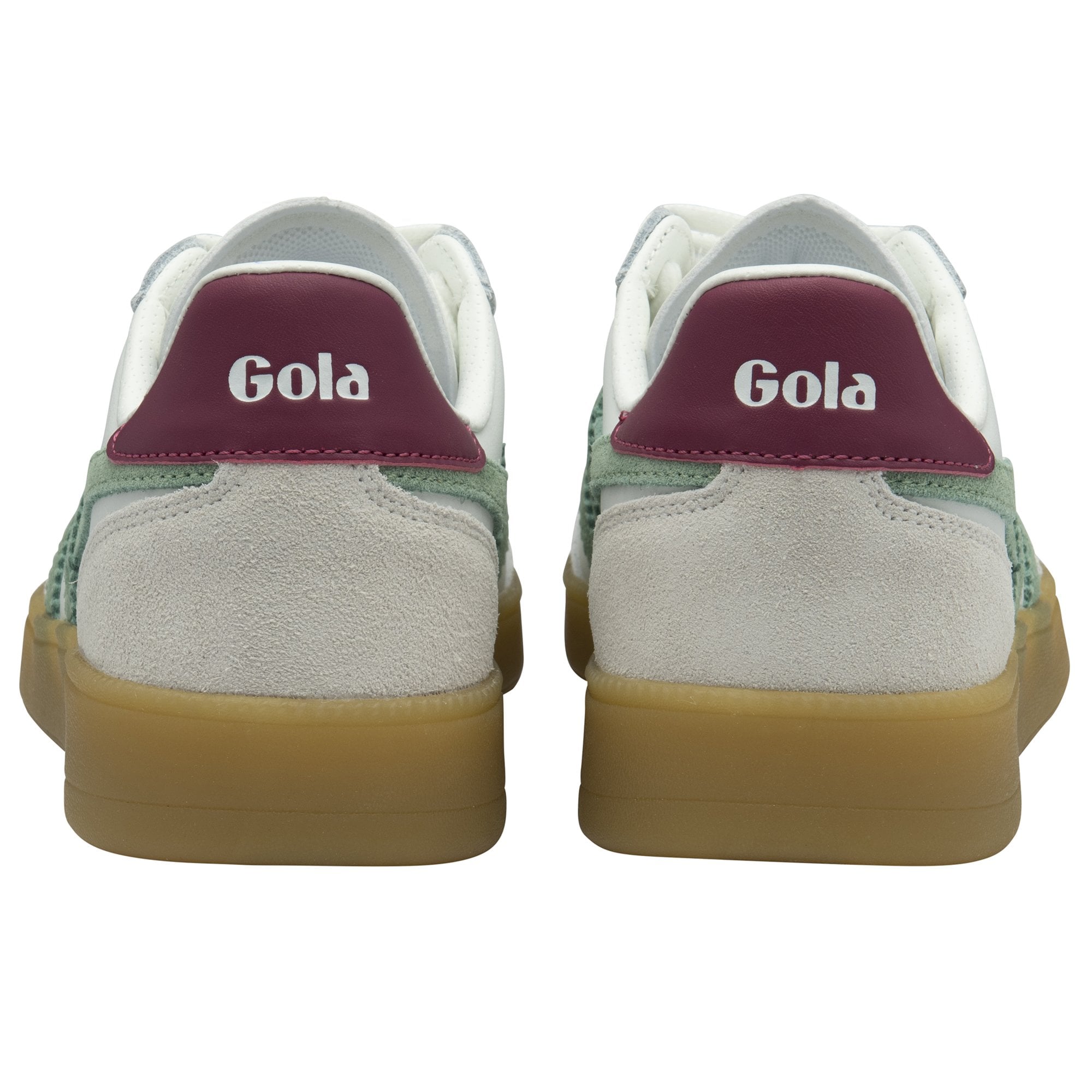 Back view of a pair of white and green Gola sneakers with gum soles.