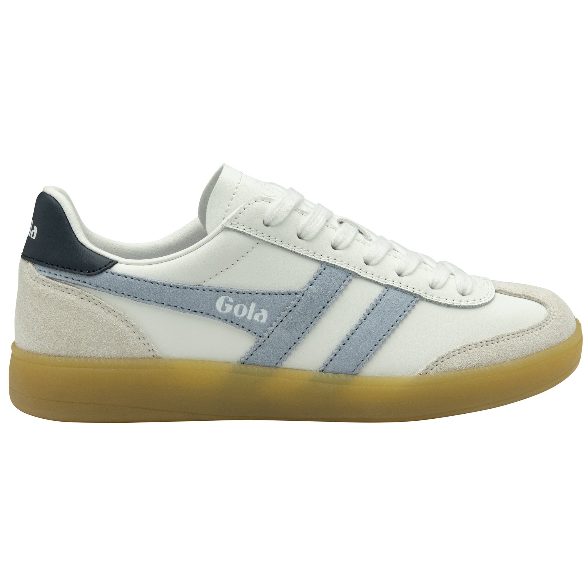 A single white Gola sneaker with blue stripes and a gum sole, viewed from the side.