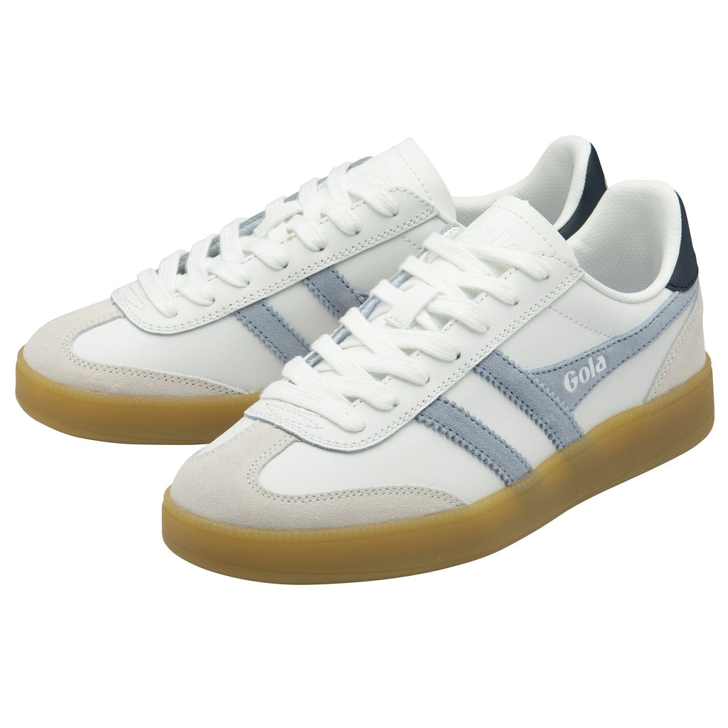 A pair of white Gola sneakers with blue stripes and gum soles, angled for display.