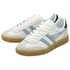 A pair of white Gola sneakers with blue stripes and gum soles, angled for display.