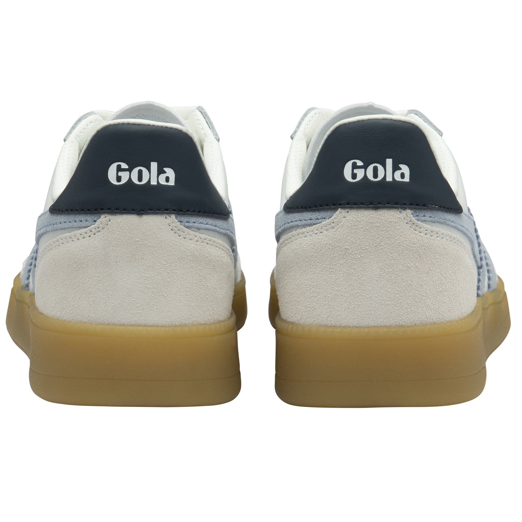 A rear view of a pair of white Gola sneakers, highlighting the navy Gola logo on the heel.