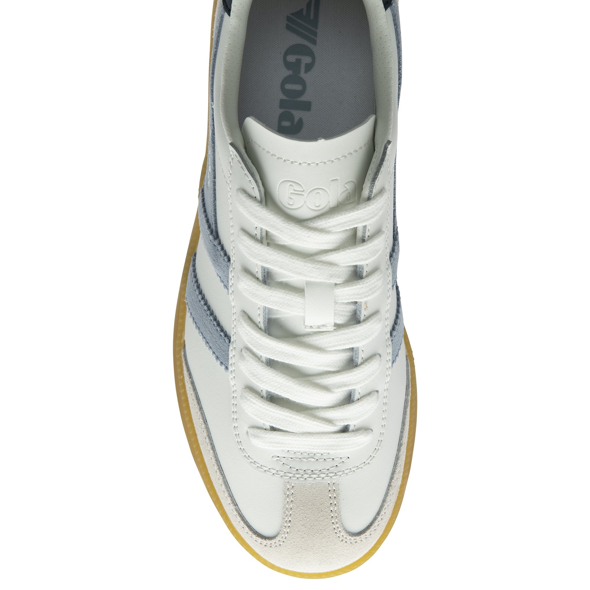 A top-down view of a white Gola sneaker, showing the laces and brand logo on the tongue.