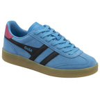Angled side view of a light blue Gola sneaker with black stripes and a pink heel tab.