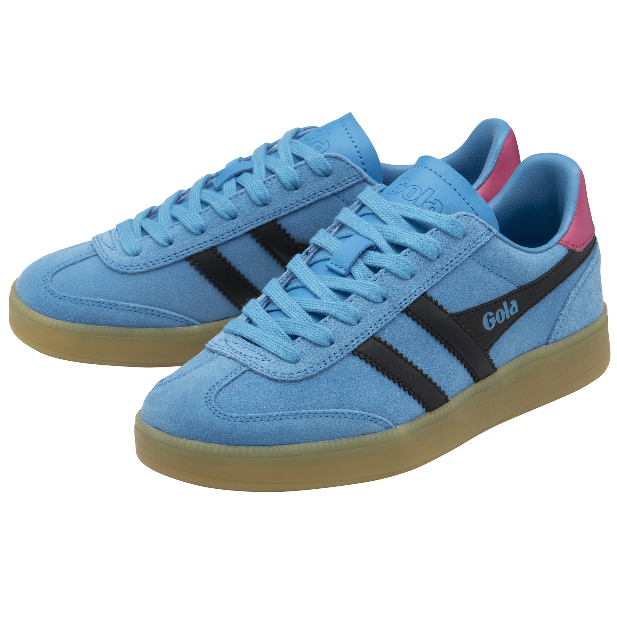Pair of light blue Gola sneakers with black stripes and pink heel tabs.