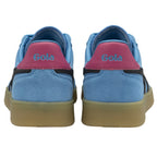 Rear view of two light blue Gola sneakers, showing pink heel tabs with Gola logo.