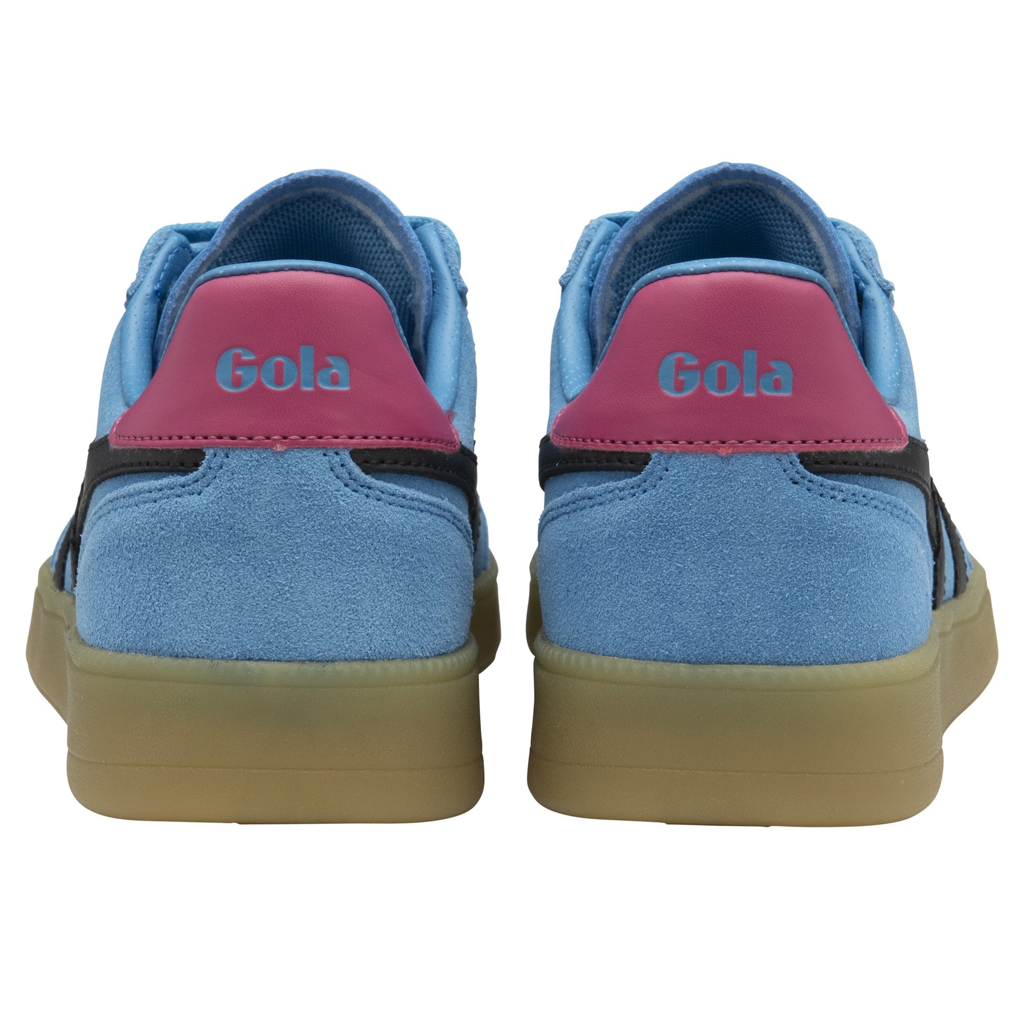 Rear view of two light blue Gola sneakers, showing pink heel tabs with Gola logo.