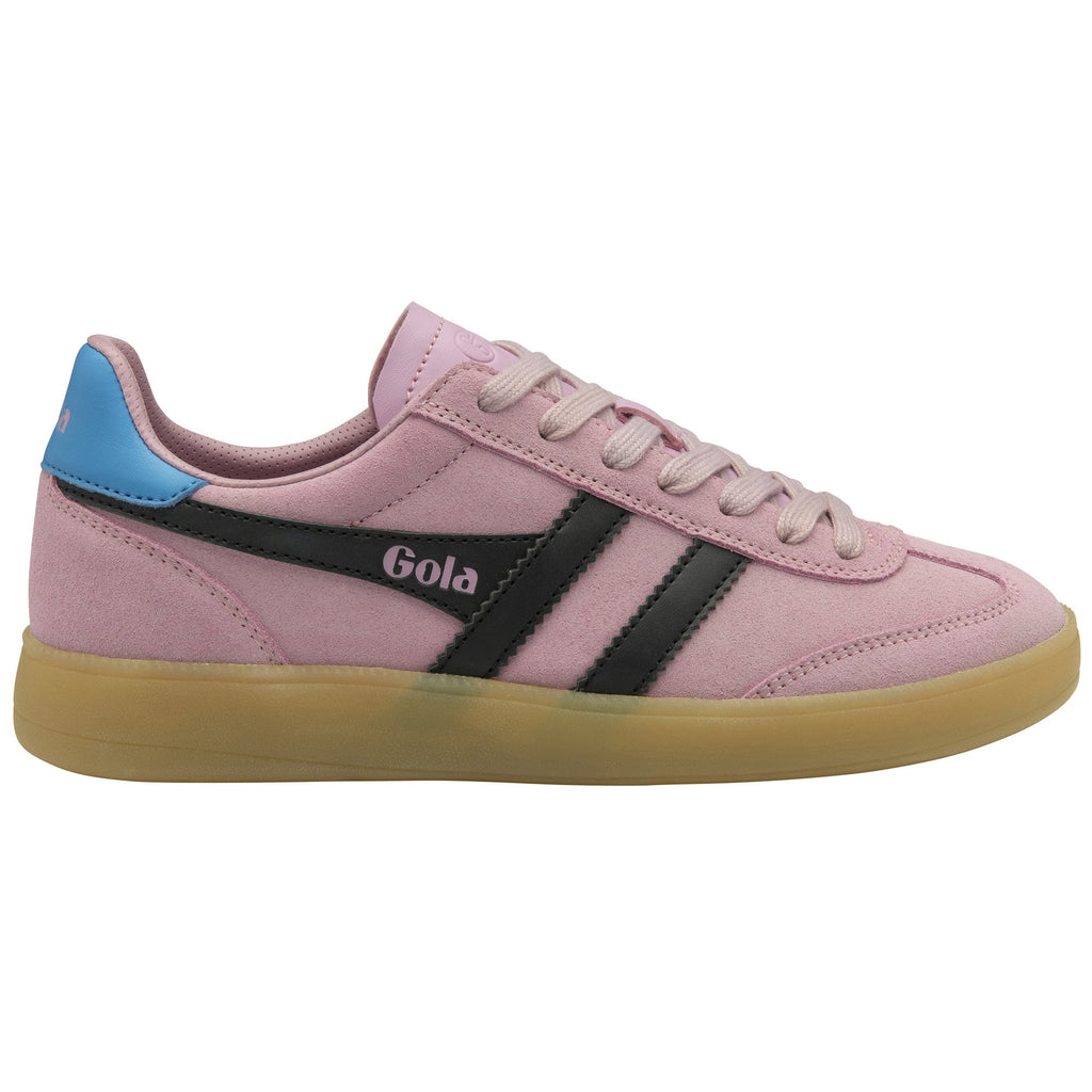 A single Gola women's trainer, viewed from the side, in a pink suede with black stripes.