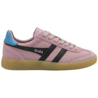 A single Gola women's trainer, viewed from the side, in a pink suede with black stripes.
