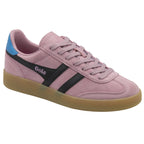 A single Gola women's trainer, viewed from an angle, in a pink suede with black stripes.