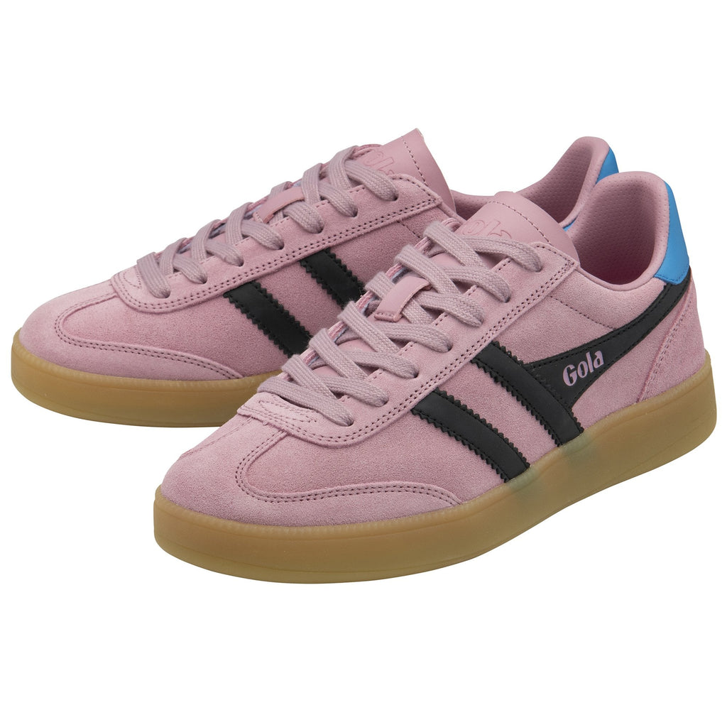 A pair of Gola women's trainers in a pink suede with black stripes and blue heel detail.