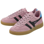 A pair of Gola women's trainers in a pink suede with black stripes and blue heel detail.