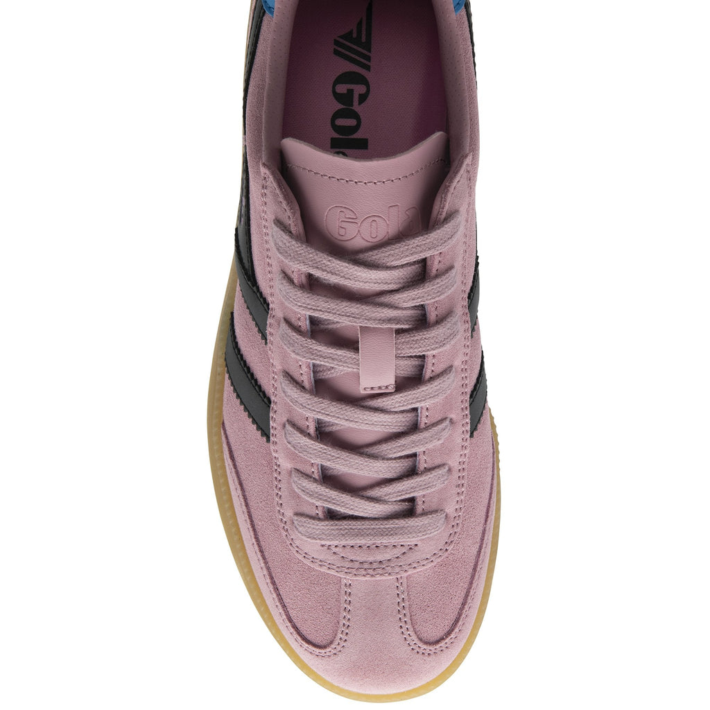 The top-down view of a single Gola women's trainer in a pink suede.