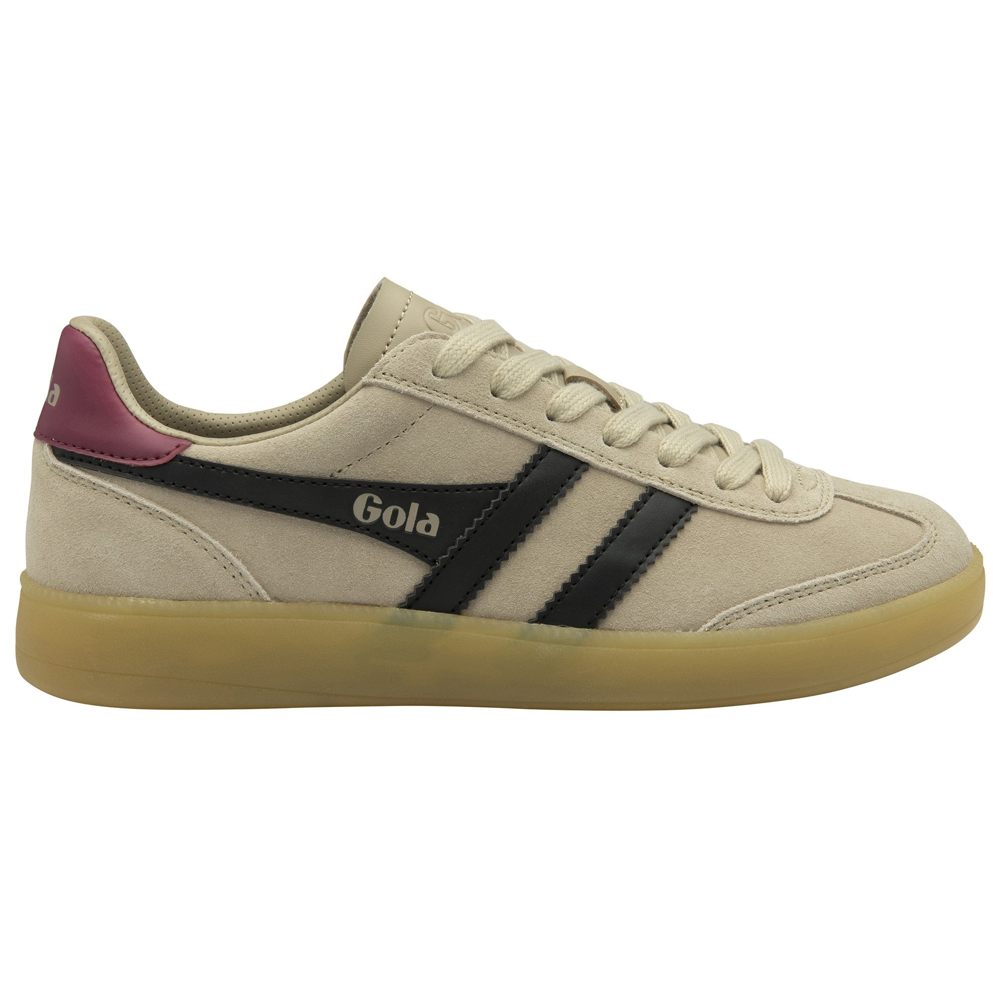 Side view of a single beige Gola sneaker with black stripes and a maroon heel accent.
