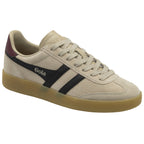 Angled view of a single beige Gola sneaker with black stripes and a maroon heel accent.