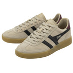 Pair of Gola Elan sneakers in off-white suede with black stripes and gum soles