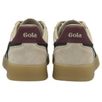 Rear view of a pair of beige Gola sneakers showing maroon heel accents.