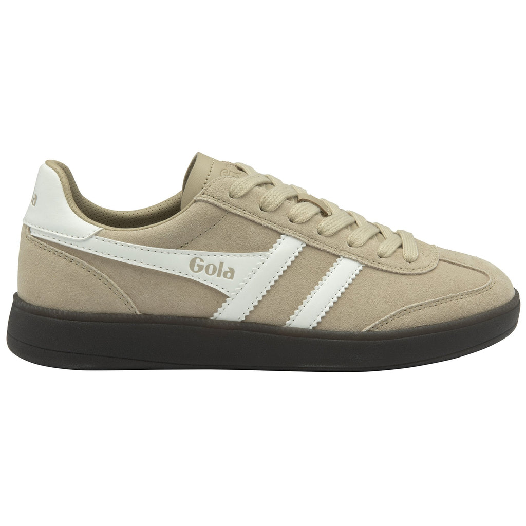 A single Gola low-top sneaker in beige with white stripes, positioned sideways.