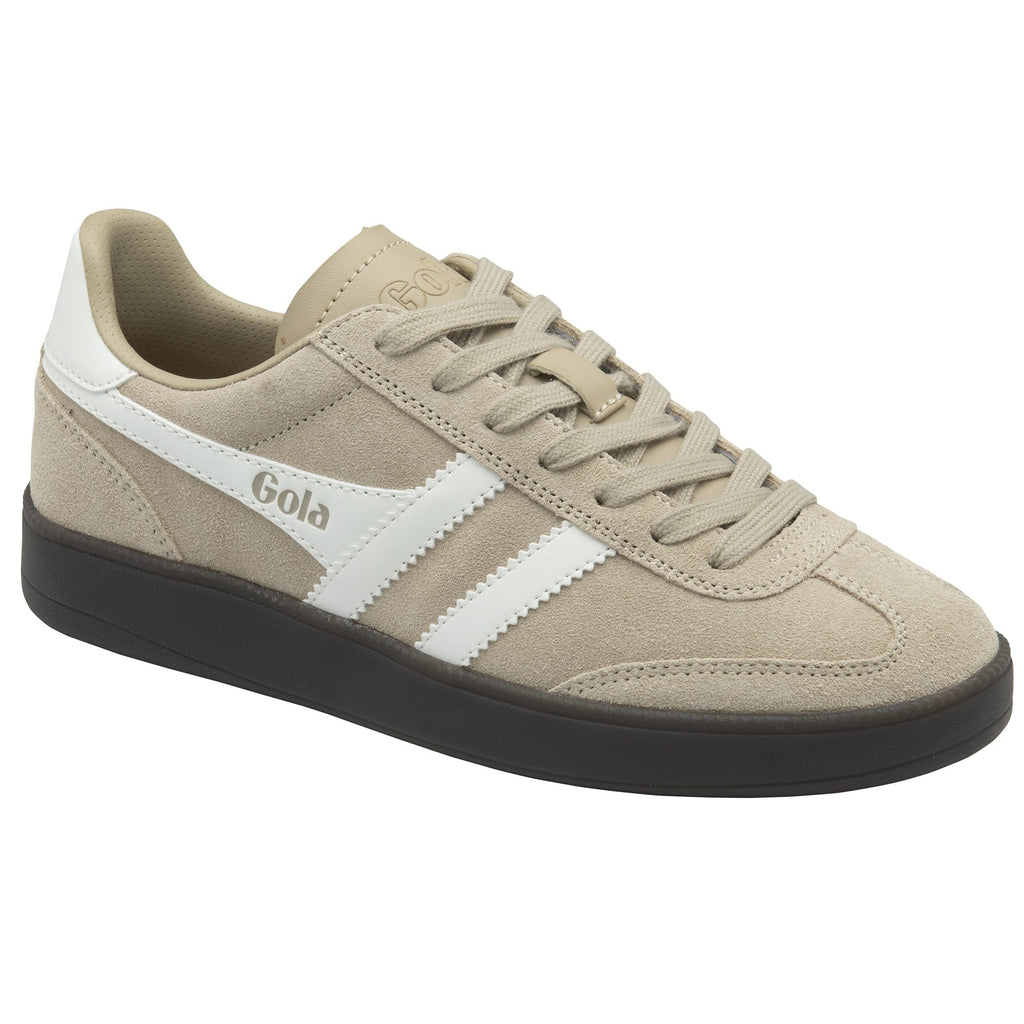 A beige Gola sneaker with white stripes, shown from a slightly elevated angle.